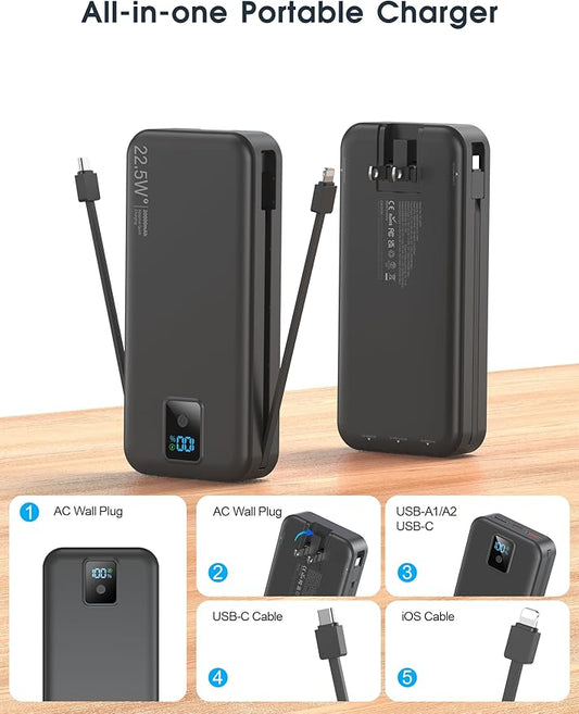 Portable Power Bank, 20000mAh 22.5W Fast Charging Phone Charger with Built-in Cables & Wall Plug, Travel Essential Battery Pack with LED Display, USB C Battery Charging Bank for iPhone, Samsung Black