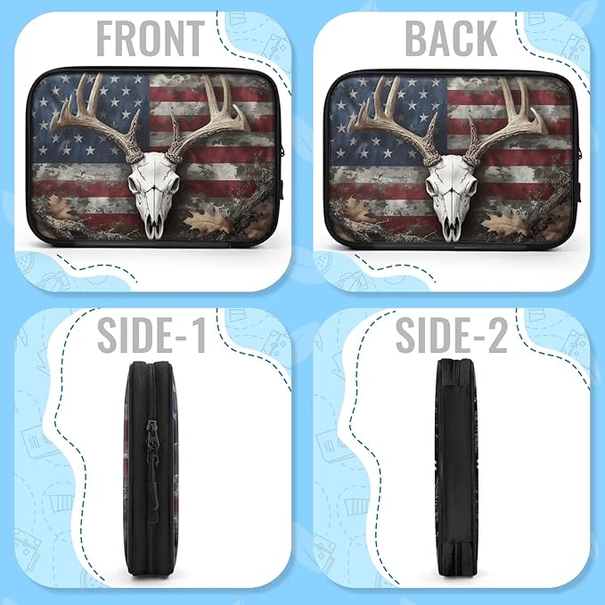 Vintage Deer Skeleton Travel Cable Organizer Pouch American Flag Electronics Accessories Carry Case Portable Water Resistant Storage Bag for Cord Charger Phone Earphone SD Card