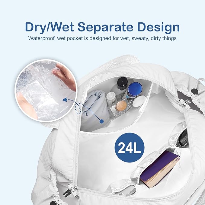 TOPDesign Travel Duffel Bag for Women, Puffer Gym Bag Sports Tote with Wet Pocket, Carry On Weekender with Luggage Sleeve (White)