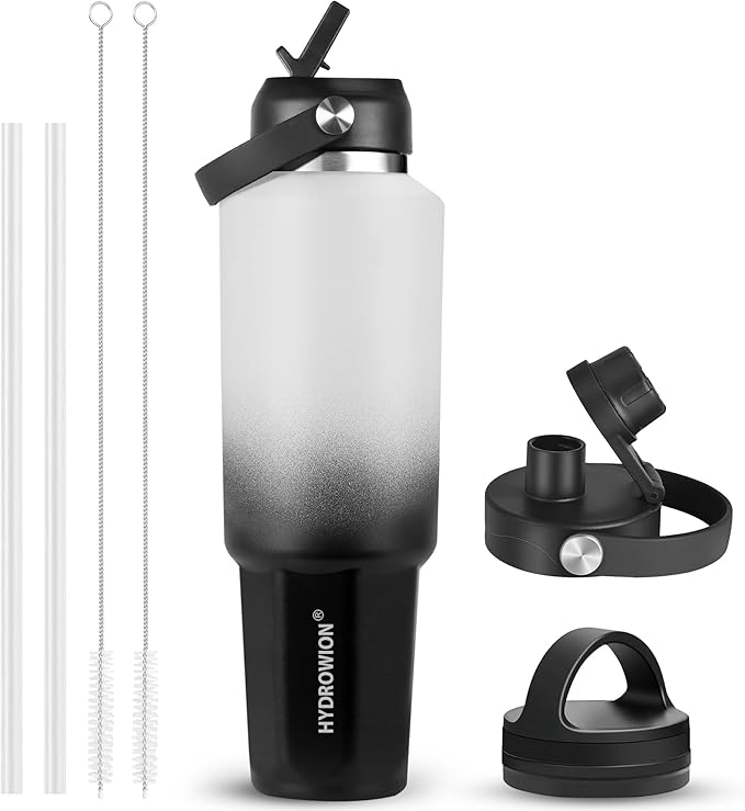 HYDROWION 32 oz Insulated Water Bottle, Car Water Bottle Holder - Double Wall Vacuum Insulated Travel Bottle with Straw Lid, Spout Lid and Flex Cap - Cold for 24H, Hot for 12H, Blue - Panda