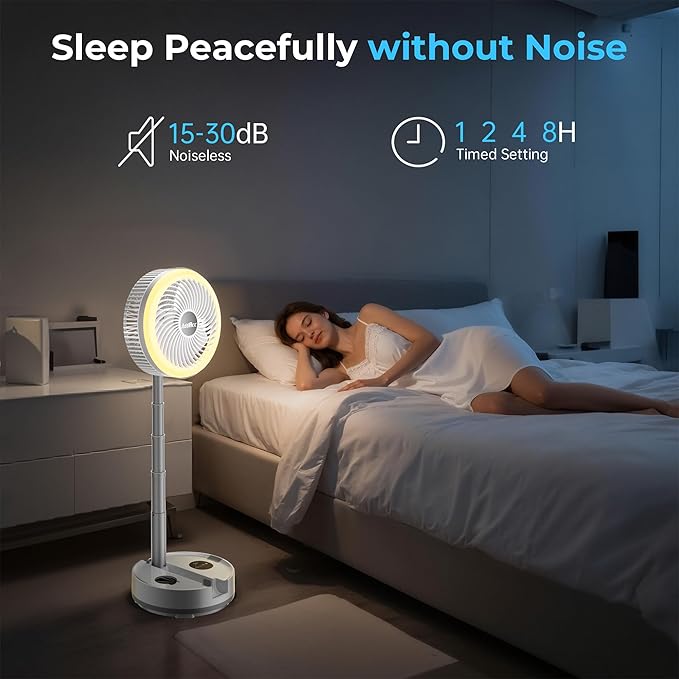 40000mAh Battery Operated Fan, Rechargeable Collapsible Fan, 106H Run, 8 Speeds Oscillating with Remote, Battery Powered with Timer & Light for Travel Cruise Essentials RV Outdoor Power Outage