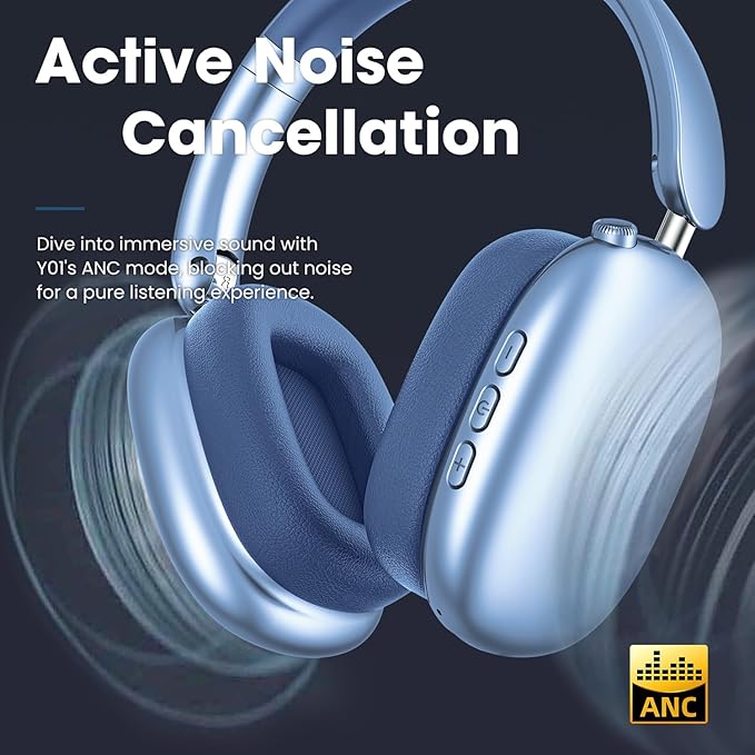 Wentronic Y01 Wireless Noise Canceling Headphones Bluetooth 5.3 Over Ear Headphones with Microphone, Hi-Res Audio, 48H Playtime, Foldable Comfortable Earpads,Compatible with iOS,Android,PC, Blue