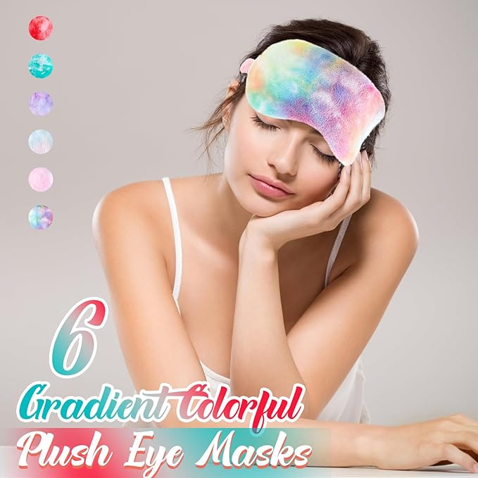 Cuffbow 6 Pcs Plush Sleep Eye Mask Silk Furry Eye Covers for Sleeping Cute Sleep Mask Fluffy Comfortable Sleeping Blindfold for Travel Sleepover Nap Party Supply Women(Tie Dye,Colorful)
