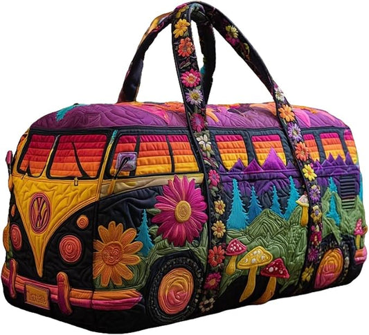 Hippie Journey Quilted Duffel Bag Hippie Van Travel Duffel Bag Vintage Floral Weekender Overnight Bags Women Gym Bags