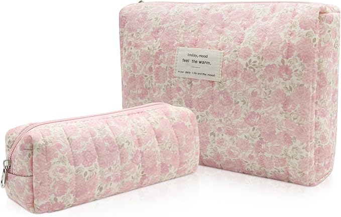 2PC Makeup Bag Set, Cute Cosmetic Bag for Women Girls, Floral Coquette Aesthetic Toiletry Bag, Travel Make Up Organizer Bag (Pink Rose)