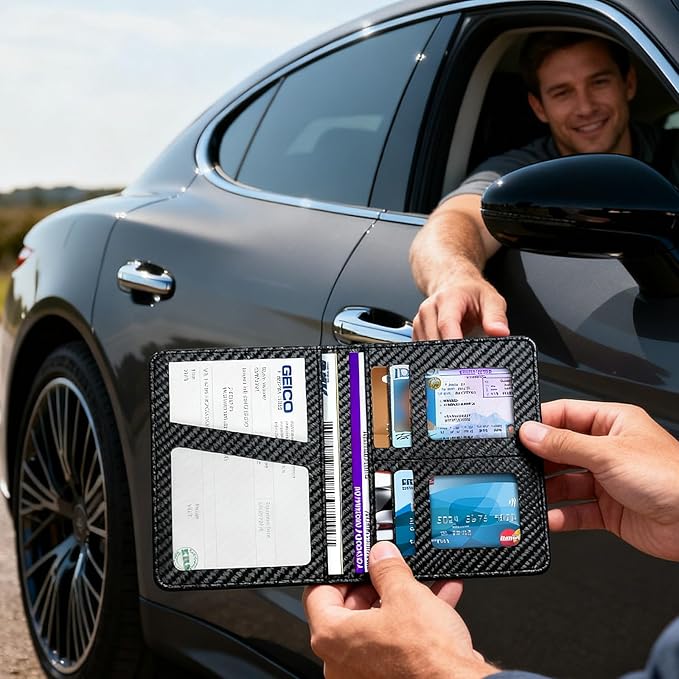 Car Registration and Insurance Holder with Magnetic Shut, Vehicle License Document Glove Box Compartment Organizer - For Documents, License, Cards