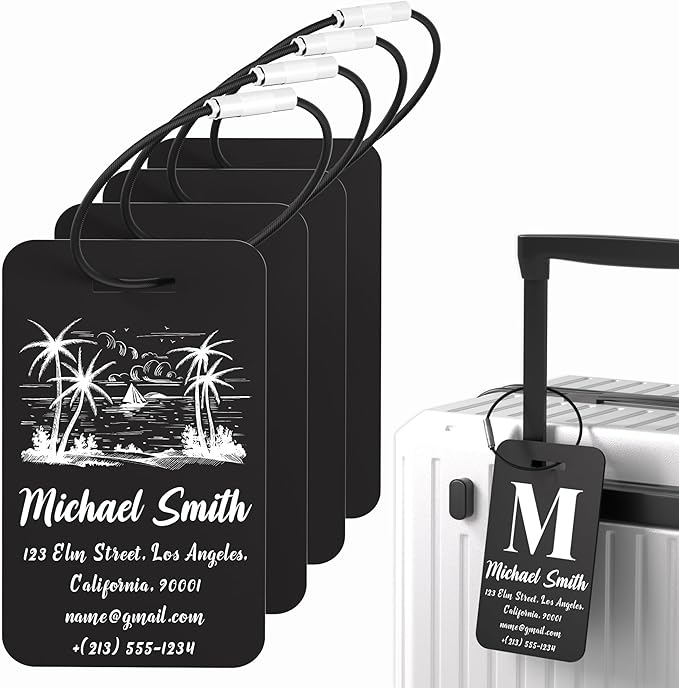 4 PCS Personalized Luggage Tags for Suitcase, Custom Engraved Aluminum Luggage Tags with Your Personalized Text Logo, Metal Name Tags with Steel Loop for Bag, Suitcase, Backpack (Black, Large)