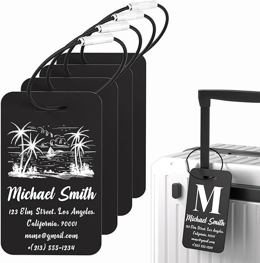4 PCS Personalized Luggage Tags for Suitcase, Custom Engraved Aluminum Luggage Tags with Your Personalized Text Logo, Metal Name Tags with Steel Loop for Bag, Suitcase, Backpack (Black, Large)