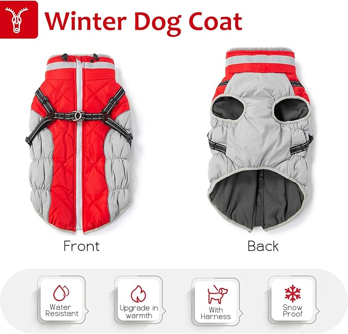 Abuandi Dog Winter Coat with Harness, Dog Jacket, Pet Clothes with Zipper on Back, Waterproof Windproof Warm Vest, Reflective Cold Weather Coats, for Small Medium Large Dogs, Thick, Red, L