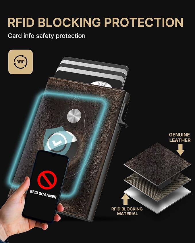 typecase Mens Wallet Card Holder for AirTag: Leather Smart Wallet for Men Compatible with Apple Air Tag, RFID Blocking, Slim, Minimalist - 9-14 Card Capacity | ID Window | Cash Slot (Burnished Black)