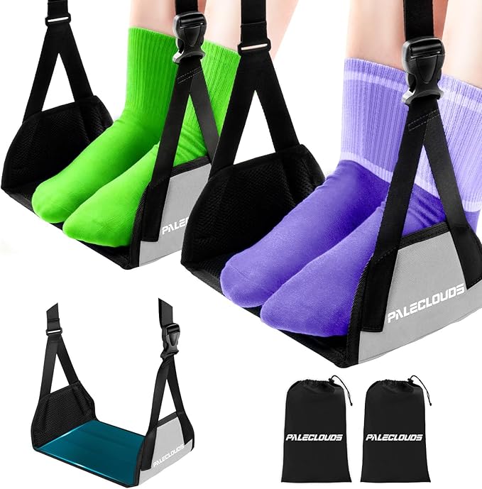 Foot Hammock for Plane Travel, No Collapse Thickened Bamboo Airplane Foot Rest for Long Flight, Desk Foot Hammock with Extended Adjustment Strap to Relax Your Feet, Foot Sling Travel Essentials