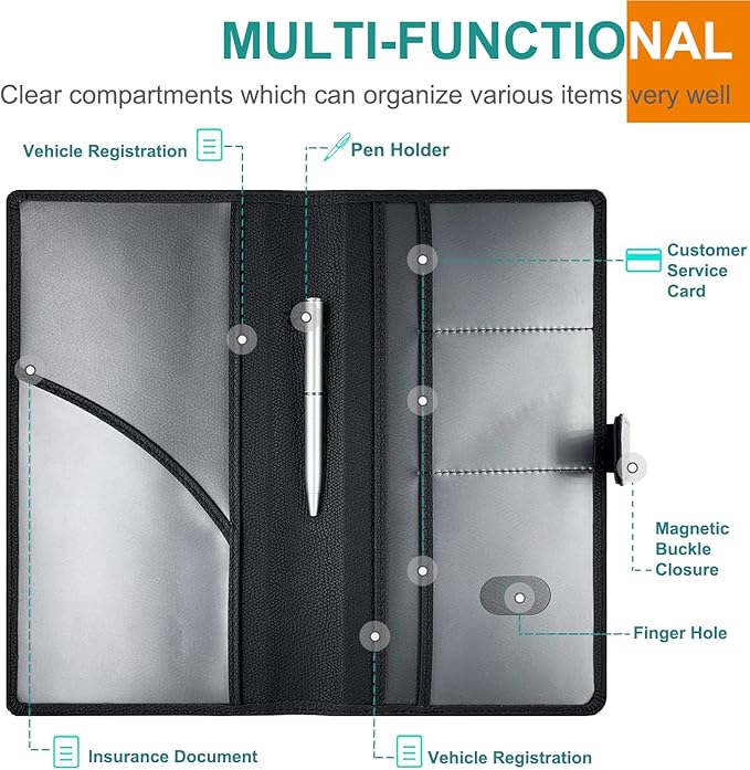 RSAquar Car Registration and Insurance Holder, Leather Car Glove Box Organizer, Cool Car Accessories for ID, Driver's License Cards & Essential Document, Men&Women, Black#2