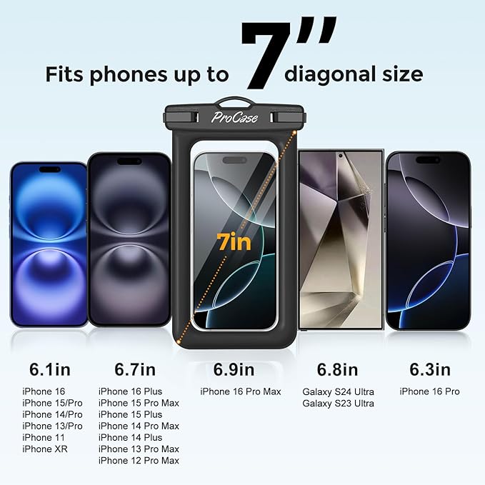 ProCase 2 Pack Floating Waterproof Phone Pouch Up to 7", IPX8 Floatable Underwater Phone Case Dry Bag for iPhone 17/Air 16 15 14 13 12 11 Pro Max Xs Max XR X 8 7 Plus SE/Galaxy S24 S23 S22 - Black