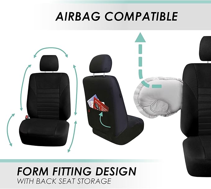 FH Group Automotive Car Seat Covers Front Set Premium 3D Air Mesh Front Seat Covers, Airbag Compatible Universal Fit Interior Accessories for Cars Trucks and SUVs - Black