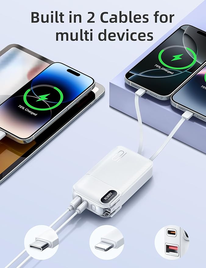 RORRY Portable Charger Built in Cables, AC Wall Plug In Portable Charger Power Bank 10000mAh Travel Battery Pack 22.5W Fast Charging for iPhone 17/16/15 Samsung Galaxy S24/S23/S22 Pixel LG iPad, White