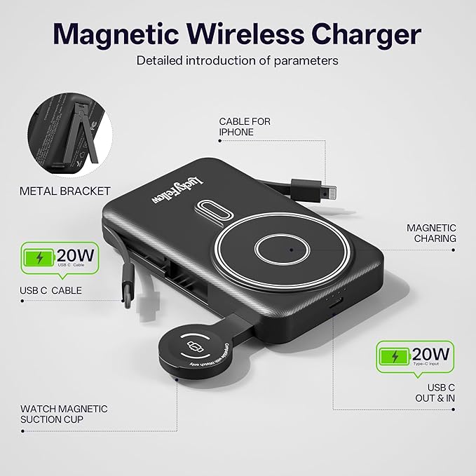 Magnetic Portable Charger Built-in Cables,10000mAh Fast Charging Wireless Charger Station External Battery Pack Slim Pocket Size Power Bank with Stand Compatible with iWatch, iPhone and Android Phones