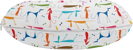 Ambesonne Dog Lover Travel Pillow Neck Rest, Dachshund Cartoon Doodles with Various Stances Pointing Smelling Running Standing, Memory Foam Traveling Accessory for Airplane and Car, 12", Green Red