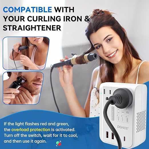 DOACE 220v to 110v converter 350W voltage converter us to europe for Hair Straightener/Curling Iron Converter for European Travel with 4-port USB Charging and UK/AU/US/EU Worldwide Plug Adapter, White