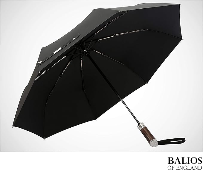 Balios (Designed in UK) Travel Umbrella Luxurious Golden Hardwood Handle Auto Open & Close Windproof Frame Single Canopy Automatic Folding Umbrella Men's & Ladies