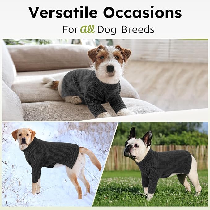 Queenmore Dog Turtleneck Long Sleeve Knitted Pet Sweater with Check Pattern - Fall Winter Warm Dog & Cat Sweater, Charcoal Gray XL