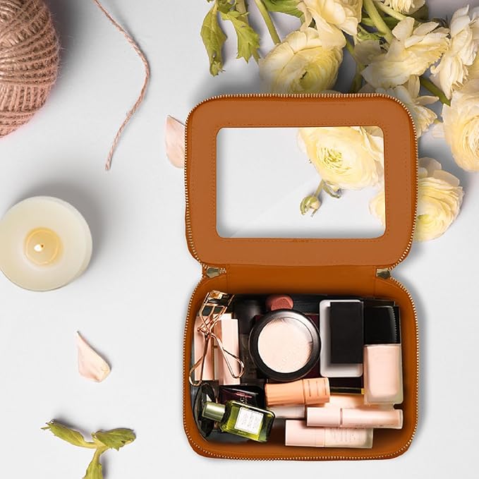 Prite Clear Makeup Bag Cosmetic Organizer Case Waterproof Travel Toiletry Bag Skincare Pouch with Golden Zipper(Brown)