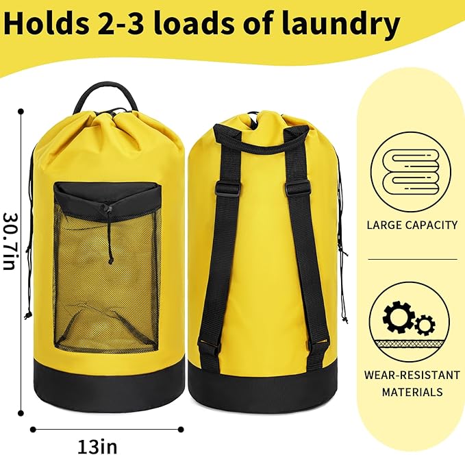 Laundry Bag Backpack with Shoulder Straps and Mesh Pocket Foldable Clothes Hamper Bag with Drawstring Closure for College, Apartment, Laundromat (Yellow)