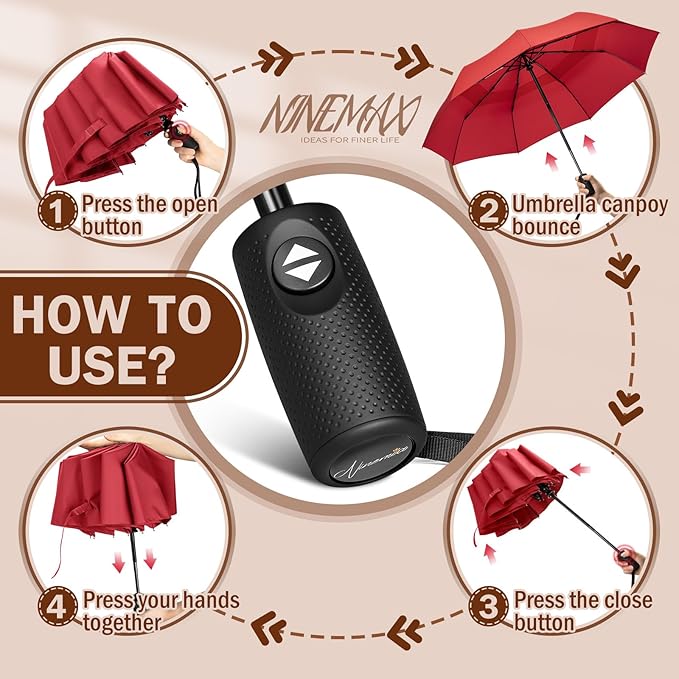 NINEMAX Windproof Travel Umbrella for Rain, Automatic Umbrellas Double Canopy Vented Compact for Men Women(Red)