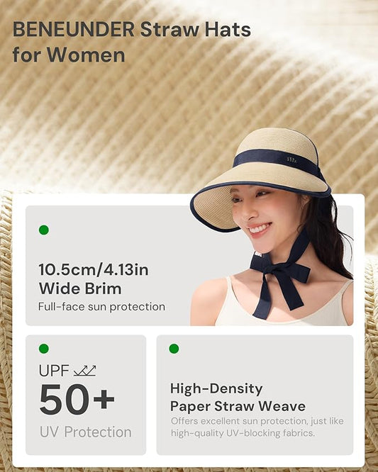 BENEUNDER Sun Visors for Women UPF50+ Foldable Wide Brim Straw Hats Packable Summer Ponytail Beach Hats for Travel