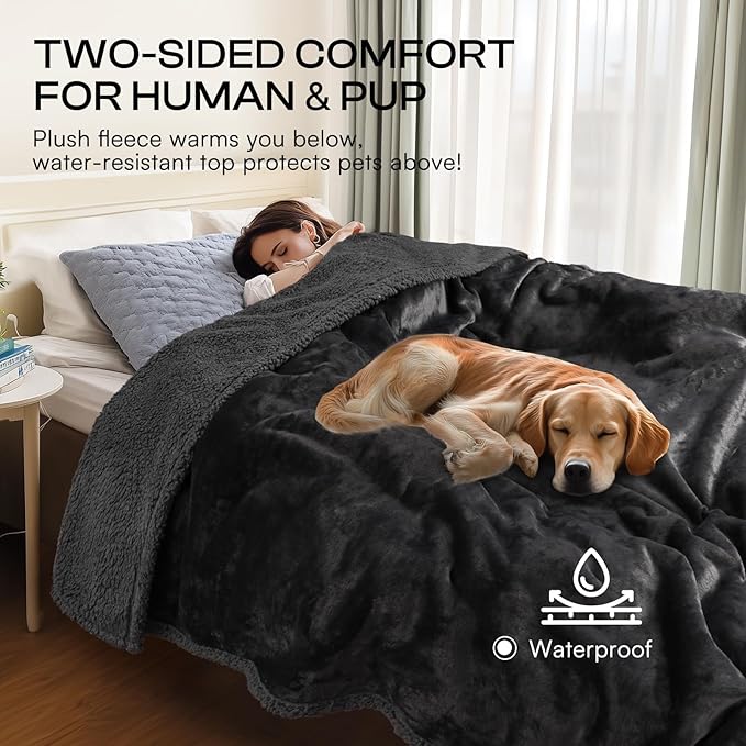 Waterproof Pet Blanket, Liquid Pee Proof Dog Blanket for Sofa Bed Couch, Reversible Sherpa Fleece Furniture Protector Cover for Small Medium Large Dogs Cats, Black X-Large（85" x 57"）