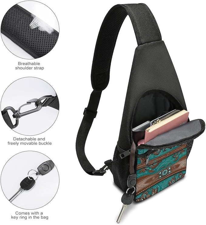 SWEET TANG Unisex Unique Chest Bag Gym Sack Fashion Sling Shoulder Backpack Outdoor Sports Daypack Rustic Brown Teal Western Country Tooled Leather, Multipurpose Adjustable Bag for Daily Use