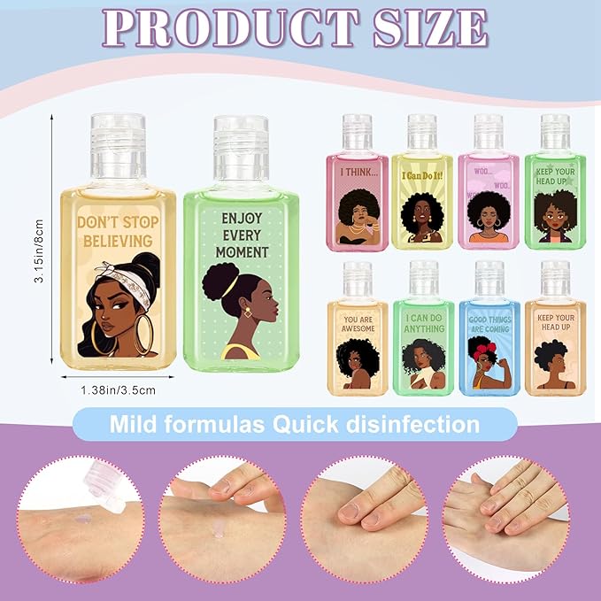50 Pcs Black Girl Mini Hand Sanitizer Bulk African American Christmas Gifts Inspirational Cute African Girl Small Hand Sanitizer 1fl oz Travel Size Hand Soap for African Black Christmas Party Supplies