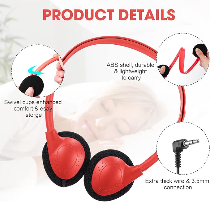 Konohan 32 Pack Headphones Bulk for School Student Classroom Set of Headphones Wire Headset Adjustable with 3.5 mm Jack for Adult (Red,Purple,Gray,Black)