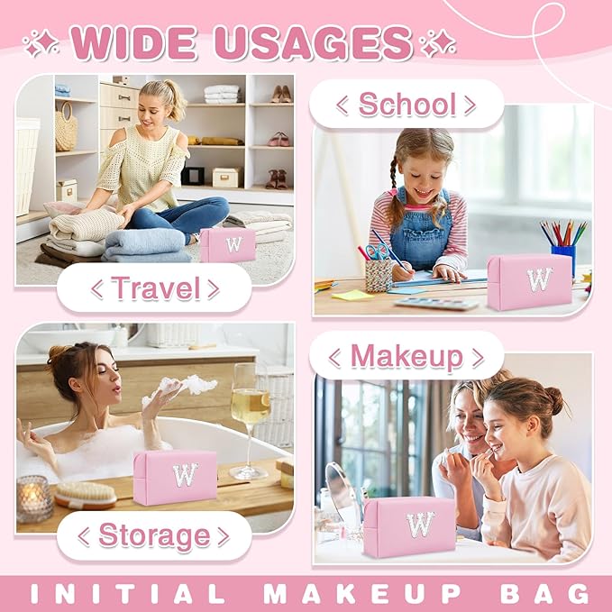 ChaoGreat Bride Gifts – Personalized Initial Makeup Bag with Pearl Rhinestone Patch, Preppy Pink Monogram Cosmetic/Toiletry Pouch, bridesmaid Gifts, Bridal Shower Gifts, Wedding Gifts, Bridal Gifts,W