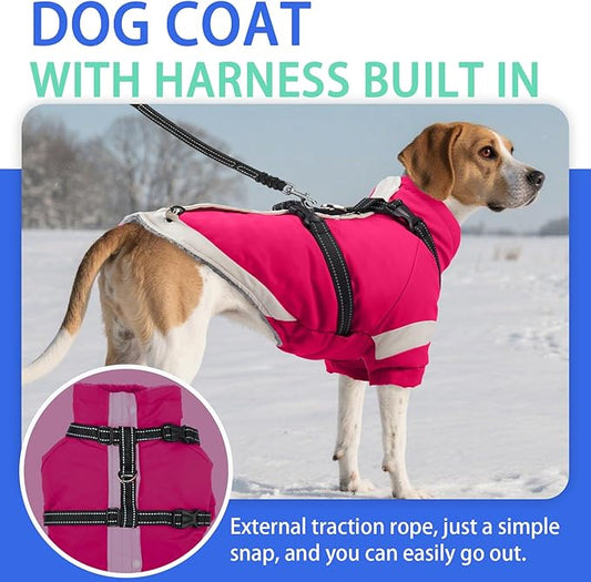 MIGOHI Ultra Thick Dog Jacket,Reflective Medium Dog Coat with Harness Built in,Warm Pet Winter Coat Zip Up Puffer Jacket with Furry Collar for Medium Dogs with Legs Outdoor Adventure,L,Rosered