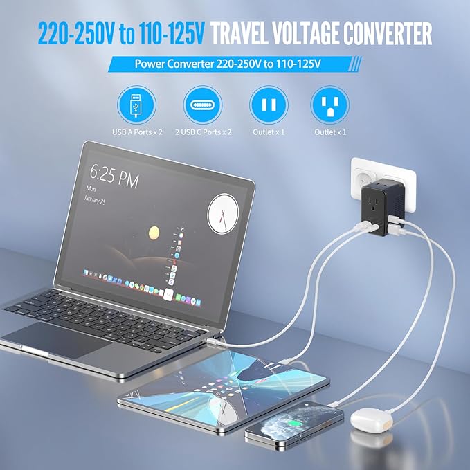 220V to 110V Voltage Converter US to Europe Travel, Adapter Plug Converter for European Travel with 20W PD & 2 USB-A & 2 USB-C Port, European Power Converter Combo USA to Spain Italy France (Black)