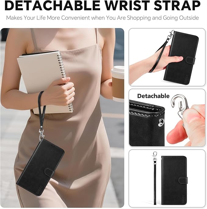 TUCCH 2-in-1 Detachable Wallet Case for iPhone 17 Pro Max (6.9") 2025, Wireless Charging | RFID Blocking 4 Card Holder | Wrist Strap | Kickstand | Magnetic | PU Leather | Protective Flip Cover | Black