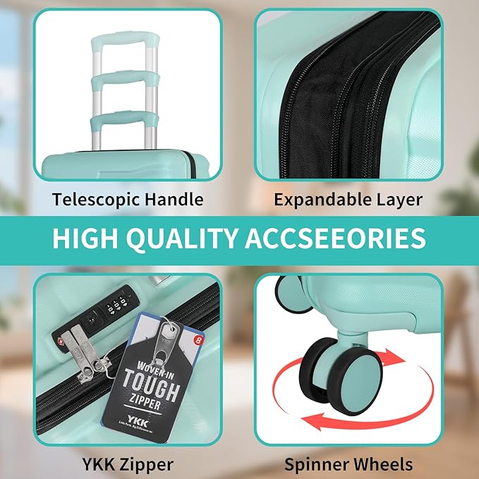 5-Piece Luggage Set, Lightweight ABS+PC Hard Shell Suitcase with YKK Zipper & TSA Lock for Family, MInt Green, 14in/18in/20in/24in/28in