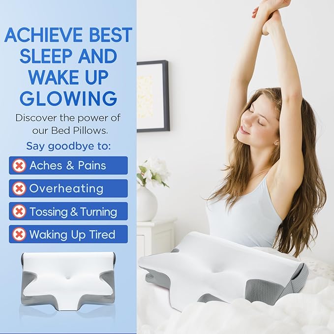 Effective Pain Relief Cervical Neck Pillow for Sleeping, Memory Foam Pillows for Neck Support, Odorless Contour Side Pillow, Ergonomic Bed Pillow for Back Stomach Sleeper (White and Grey)