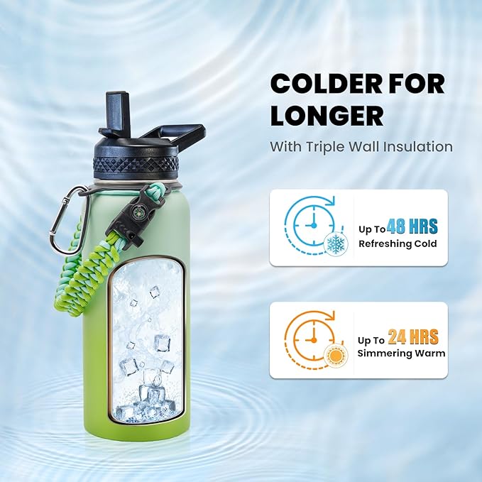 Insulated Water Bottle 32 oz, Triple Wall Vacuum Stainless Steel (Cold for 48 Hrs), Leak Proof & Non-BPA, Modern Water Flask Jug with Paracord Handle & Straw Spout Lids, Ombre Green