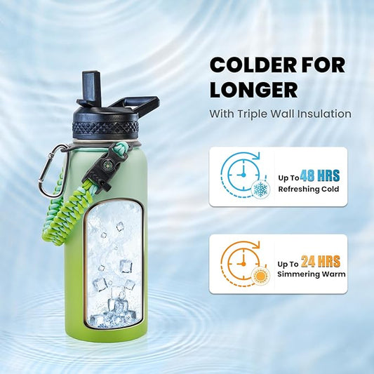 Insulated Water Bottle 32 oz, Triple Wall Vacuum Stainless Steel (Cold for 48 Hrs), Leak Proof & Non-BPA, Modern Water Flask Jug with Paracord Handle & Straw Spout Lids, Ombre Green