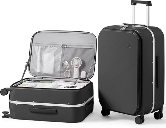 mixi 24 Inch Carry On Luggage 22x14x9 Airline Approved PC Hard Shell Suitcase Top Opening Aluminum Frame Travel Suitcases with Wheels, Blcak