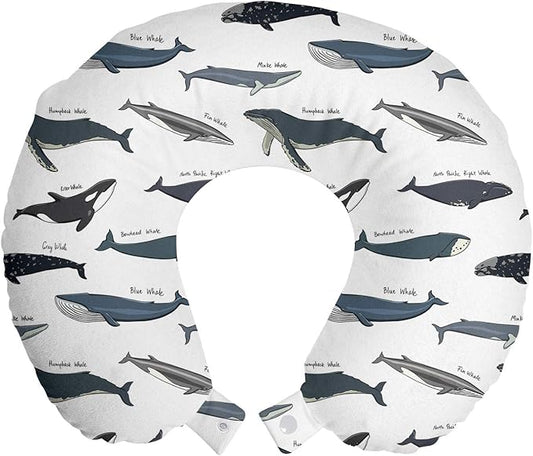Ambesonne Whales Travel Pillow Neck Rest, North Pacific Killer Bowhead Humpback Minke Whale Swimming Ocean, Memory Foam Traveling Accessory for Airplane and Car, 12", Slate Blue Purpleblue