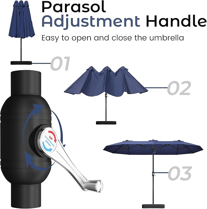 DomeShade 15ft Patio Umbrella with Base,Large Outdoor Double-Sided Rectangle Umbrella with Crank Handle, Market Umbrella for Poolside Garden Deck Backyard Beach Pools, Blue