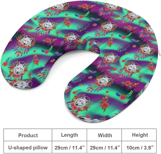 Cute Travel Neck Pillow Dream Catcher Boho Wolf Memory Foam U Shaped Cushion, Washable Cover for Boys Girls Airplane Car School Nap