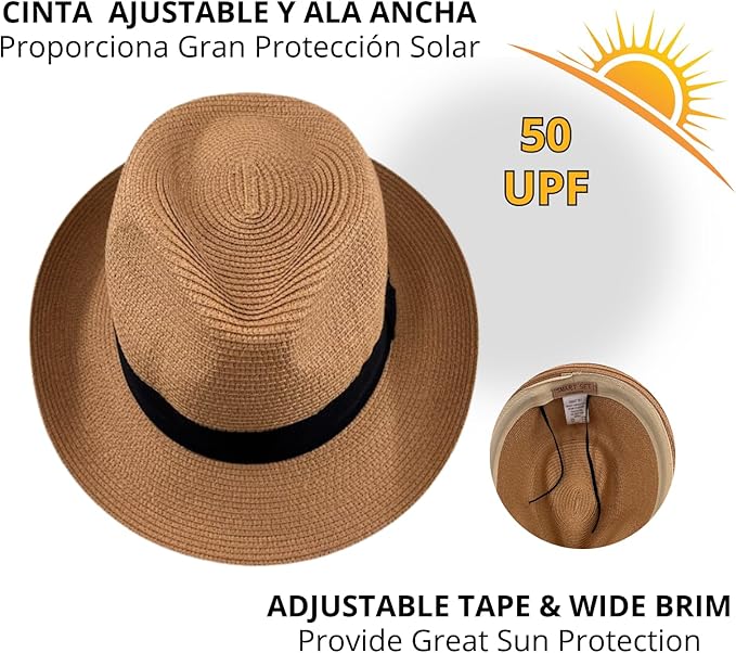 Unisex Panama Straw Hat Summer Foldable Beach Fedora UV Sun Protection for Women Outdoor Travel