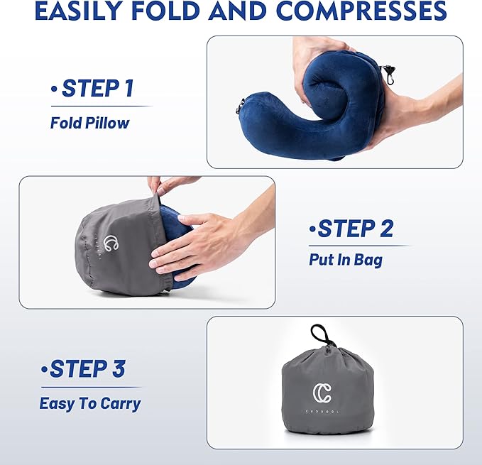 Neck Pillow with Hood - Memory Foam Neck Pillow Head Chin Support, Airplane, Car, Office & Home Sleep Rest Travel Pillows with Hood (Navy Blue, M)