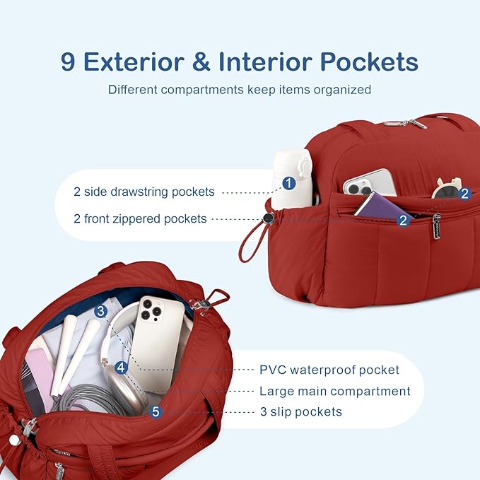 TOPDesign Travel Duffel Bag for Women, Puffer Gym Bag Sports Tote with Wet Pocket, Carry On Weekender with Luggage Sleeve (Maroon)