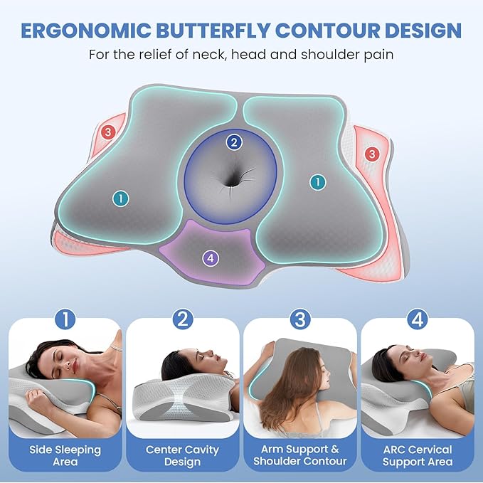 JINXIA Cervical Neck Pillow for Sleeping, Odorless Memory Foam Pillows & Cooling Cover, Ergonomic Orthopedic Neck Support Pillow for Side Back Stomach Sleepers, Neck and Shoulder Pain Relief, Gray