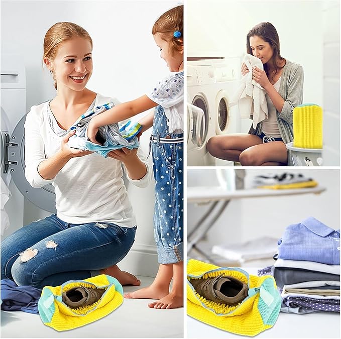 2Pcs Shoe Washing Machine Bags, Laundry Shoe Bags for Washer and Dryer, Sturdy Zipper with Hook Design, Reusable Washing Bag for Sneaker, Tennis, Fits All Shoe Types & Sizes, （Yellow 2 Packs）