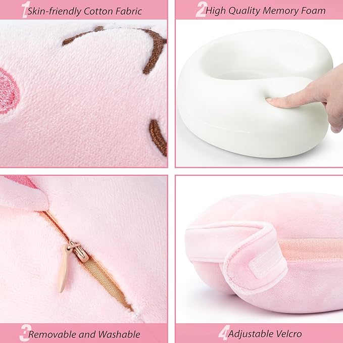Car Pillow for Big Kids Travel Neck Pillows, Foam Neck Support Travelling Pillow with Washable Cotton Pillowcases and Storage Bag, for Airplane, Train, Flight and Home Use Unicorn Pink